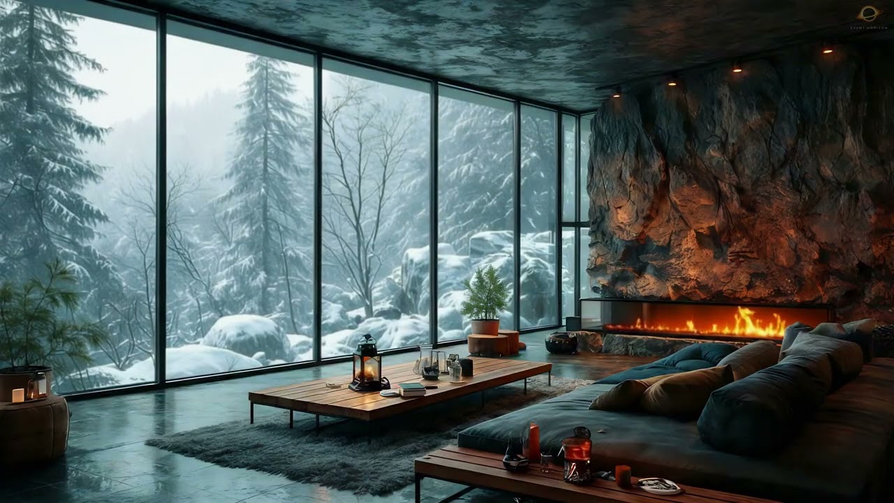 Inside a Modern Winter Cabin | Productivity Ambient Music | Snow Cabin Fireplace (No Distractions)