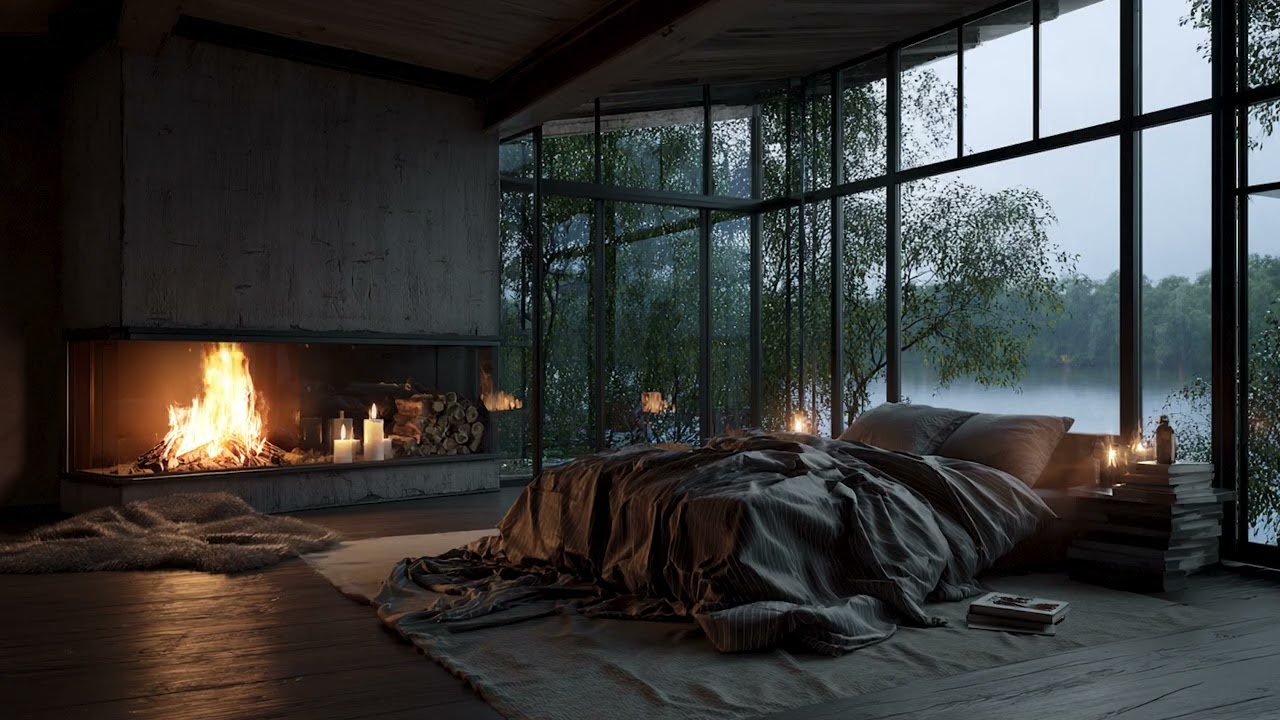 3 Hours Midnight Piano, Rainfall & Fireplace Glow | Relaxing Sleep Sounds
