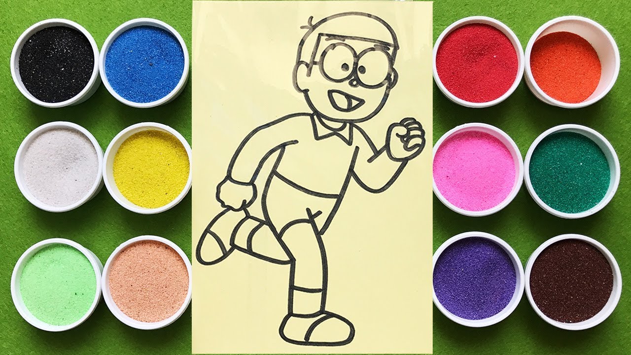 TÔ  MÀU TRANH CÁT NÔBITA, Learn Colors Sand Painting Nobita (Chim Xinh)