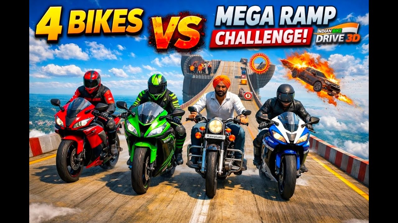 Indian Bikes Driving 3D || 4 Bikes Vs Ramp Challenge || Live Stream 🥵🥶