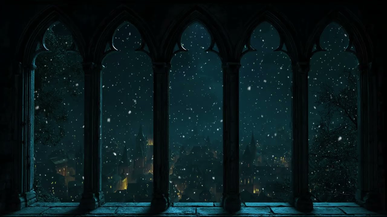 Hogwarts Winter Study Window | Falling Snow Ambience & Gentle Wind Sounds for Deep Focus and Sleep