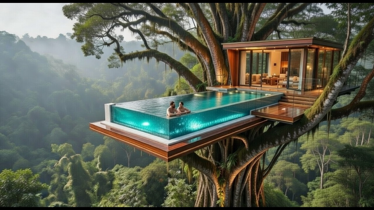 This Man Built a Treehouse Pool Over the EDGE. Building a house in the forest (ASMR)