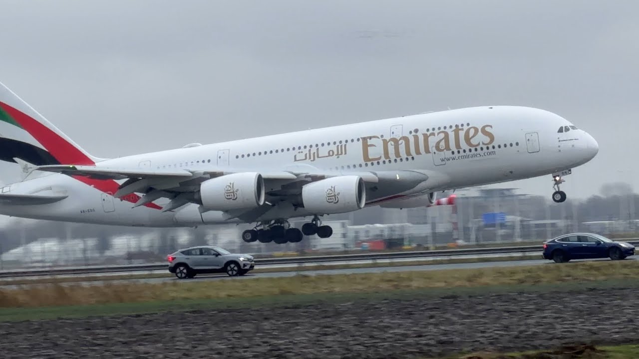 AIRBUS A380 EMIRATES DUBAI TO AMSTERDAM LANDING SCHIPHOL AIRPORT A6EDS #aviation #airplane #viral