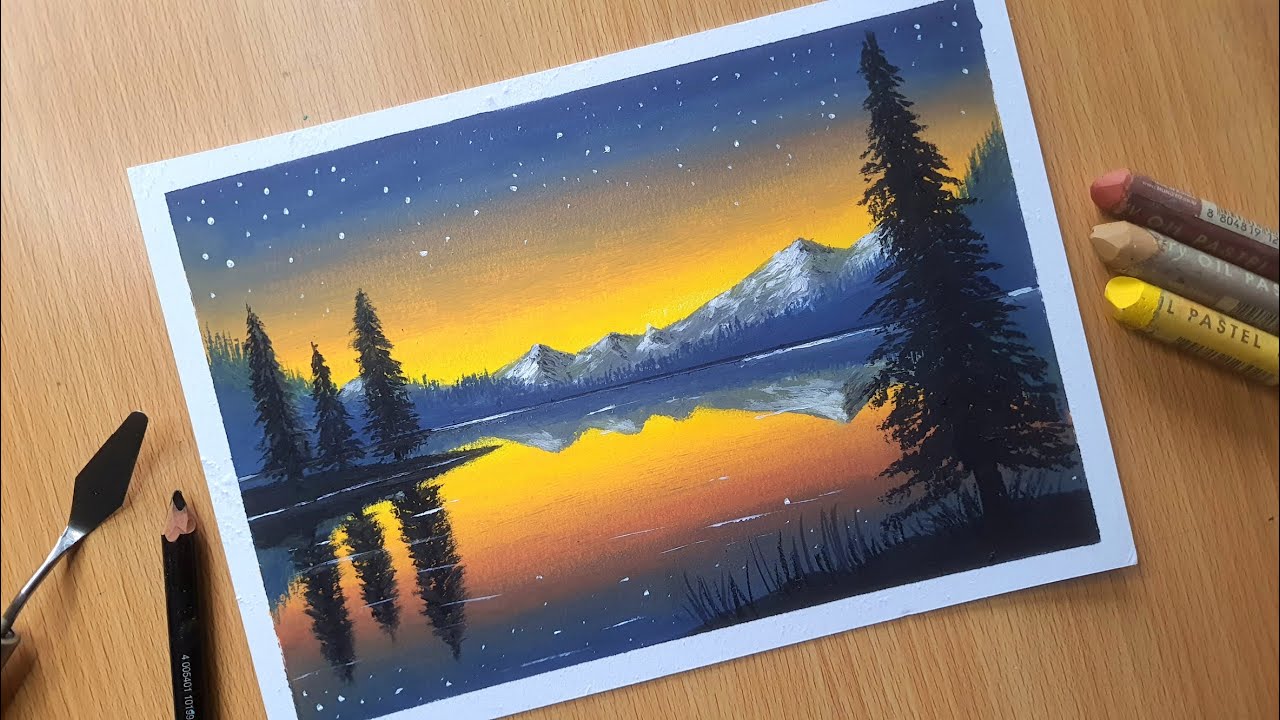 Oil Pastel Scenery Drawing for Beginners / CALM LAKE AT NIGHT / Oil Pastel Nature Drawing