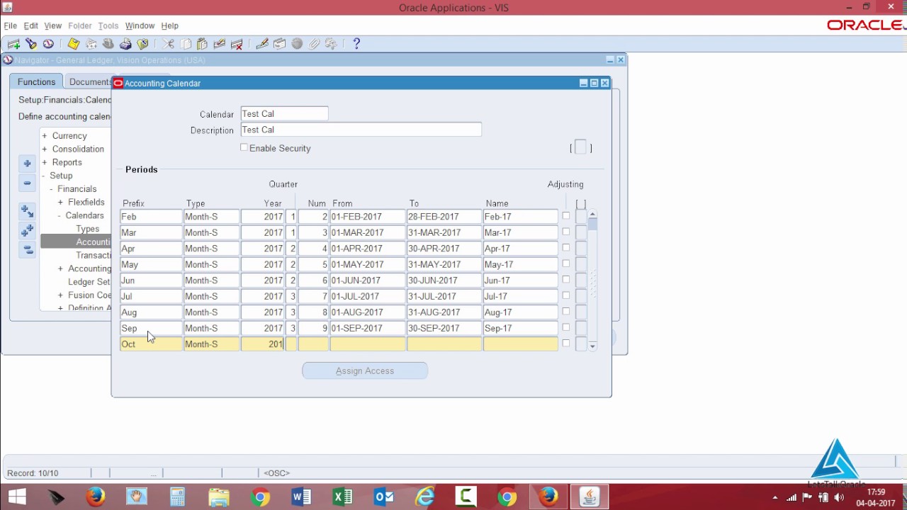 Creating an Accounting Calendar (Calendar Year Type) in Oracle General Ledger R12