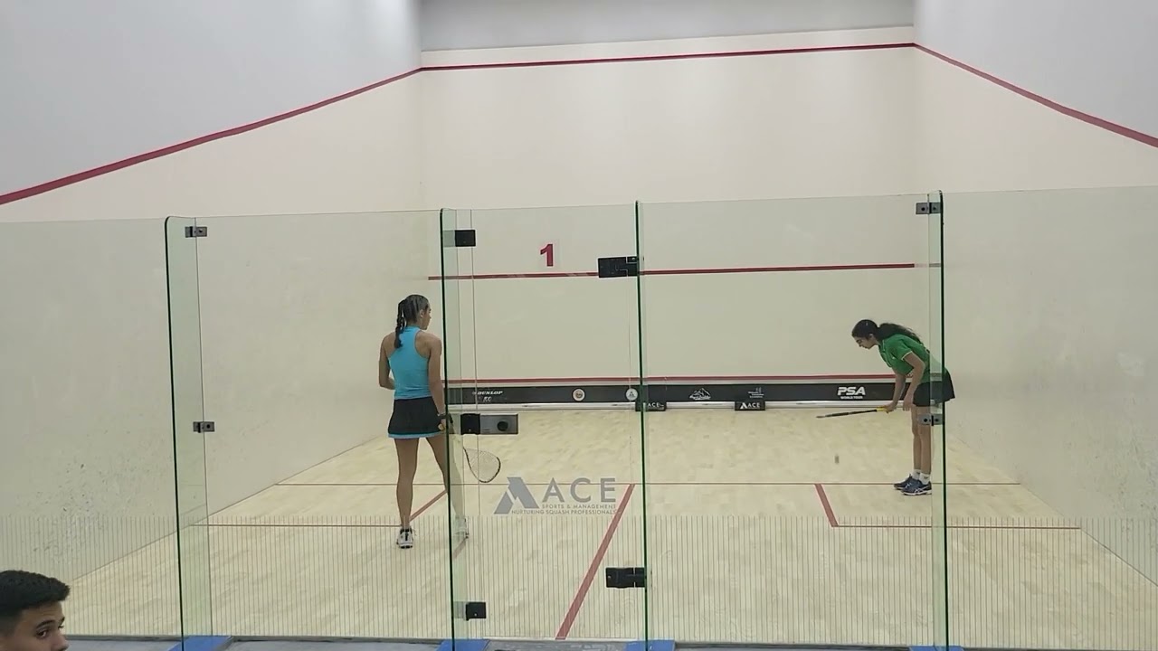 Amina Orfi consistent pacey drive, Marta Fernandez looks to volley, Ace Squash Cup, 8 Nov 2023