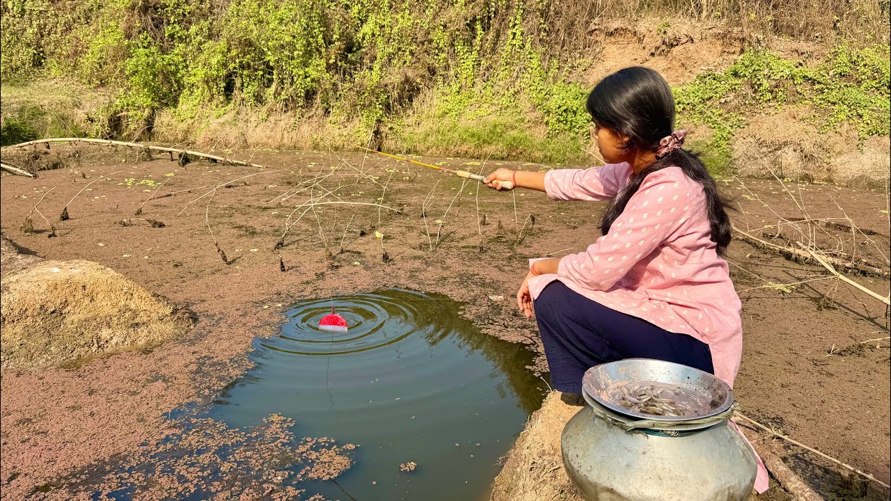 Fishing video || First time beautiful girl fishing with hook in the forest pond || Hook fishing
