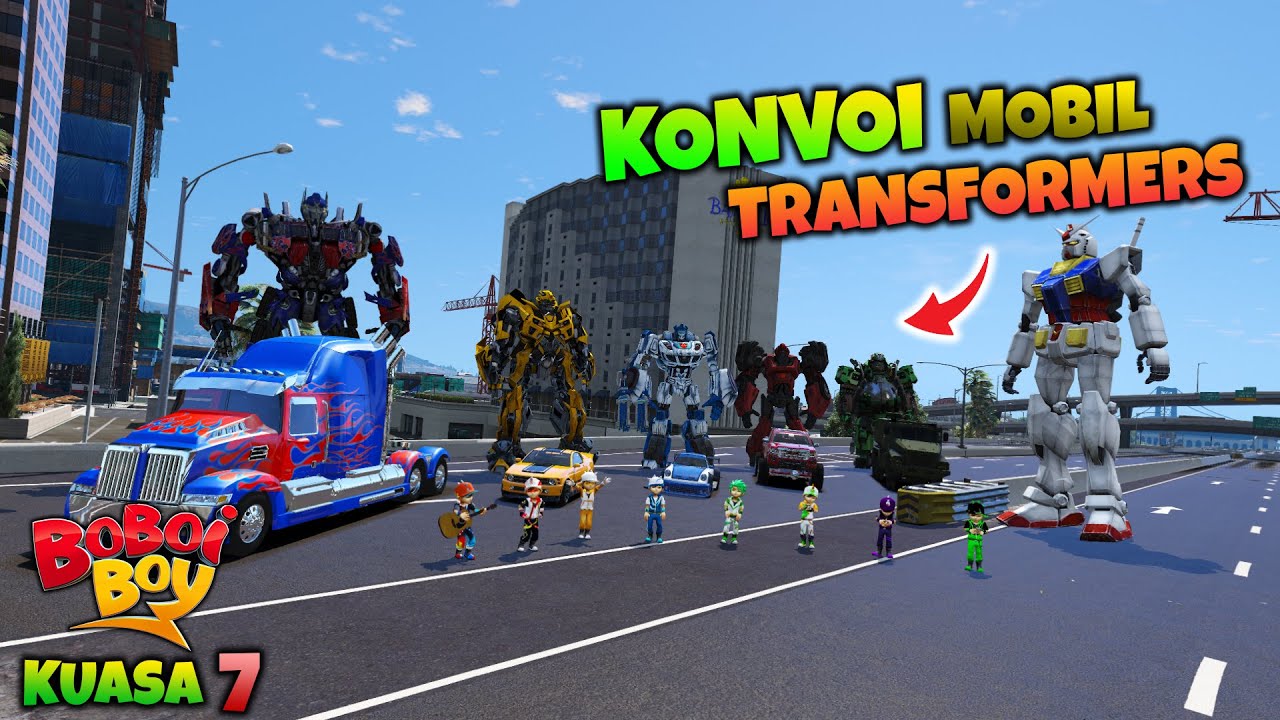BOBOIBOY KUASA 8 KONVOI MOBIL TRANSORMERS KE RUMAH AYAH JUNIOR - GTA 5
