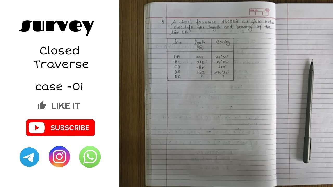 A closed traverse ABCDEB are given below calculate the length and bearing of line EA? Compass survey