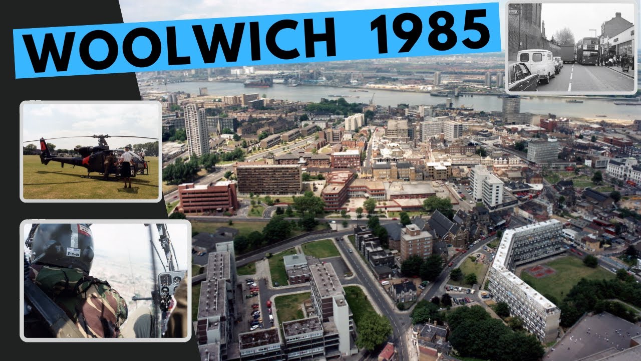1985 Aerial views of Woolwich, new A206 road, market area, old Plumstead road, H Avenue destruction