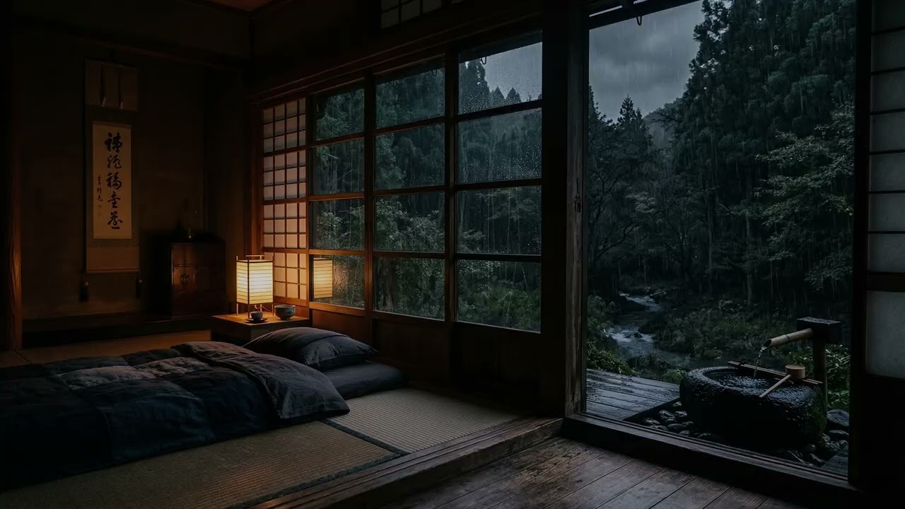 Soft Rainfall Over a Traditional Japanese Street With Lantern Glow and Calm Evening Atmosphere