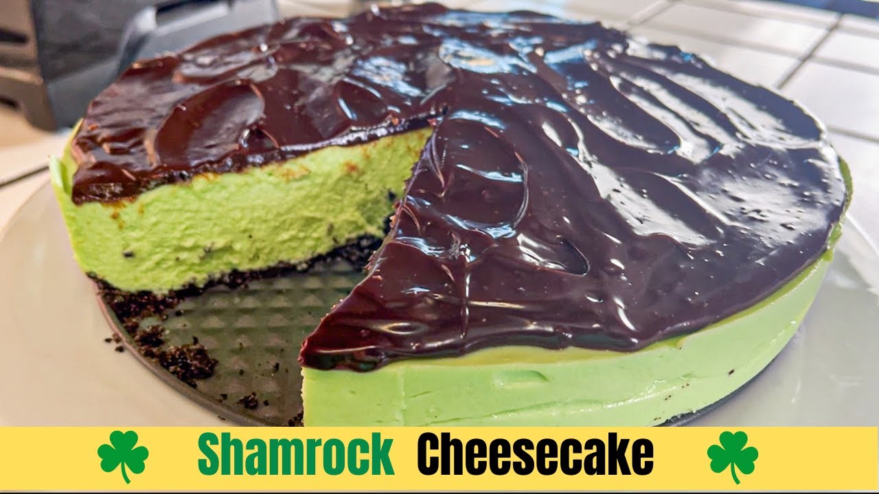 EASY Shamrock Chocolate Mint Cheesecake | No BAKE! Oreo cookie crust!