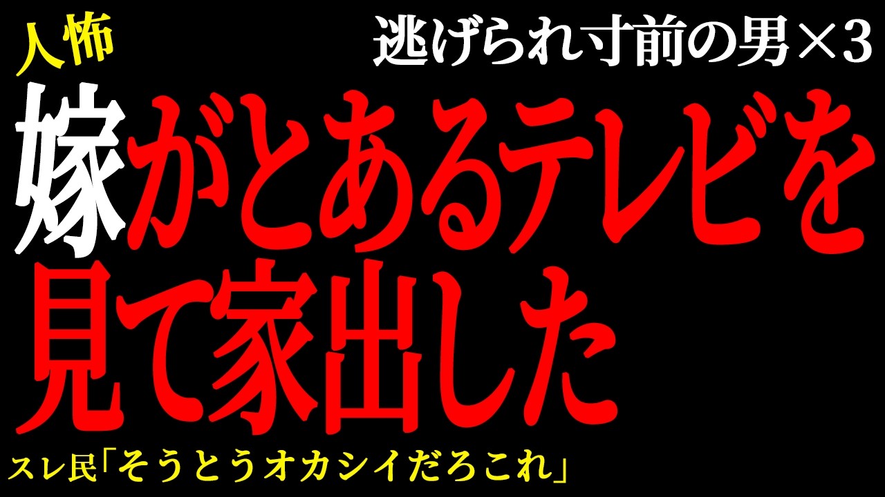 【2chヒトコワ】テレビを見て泣いた嫁が家出した。（逃げられ男12）【人怖】