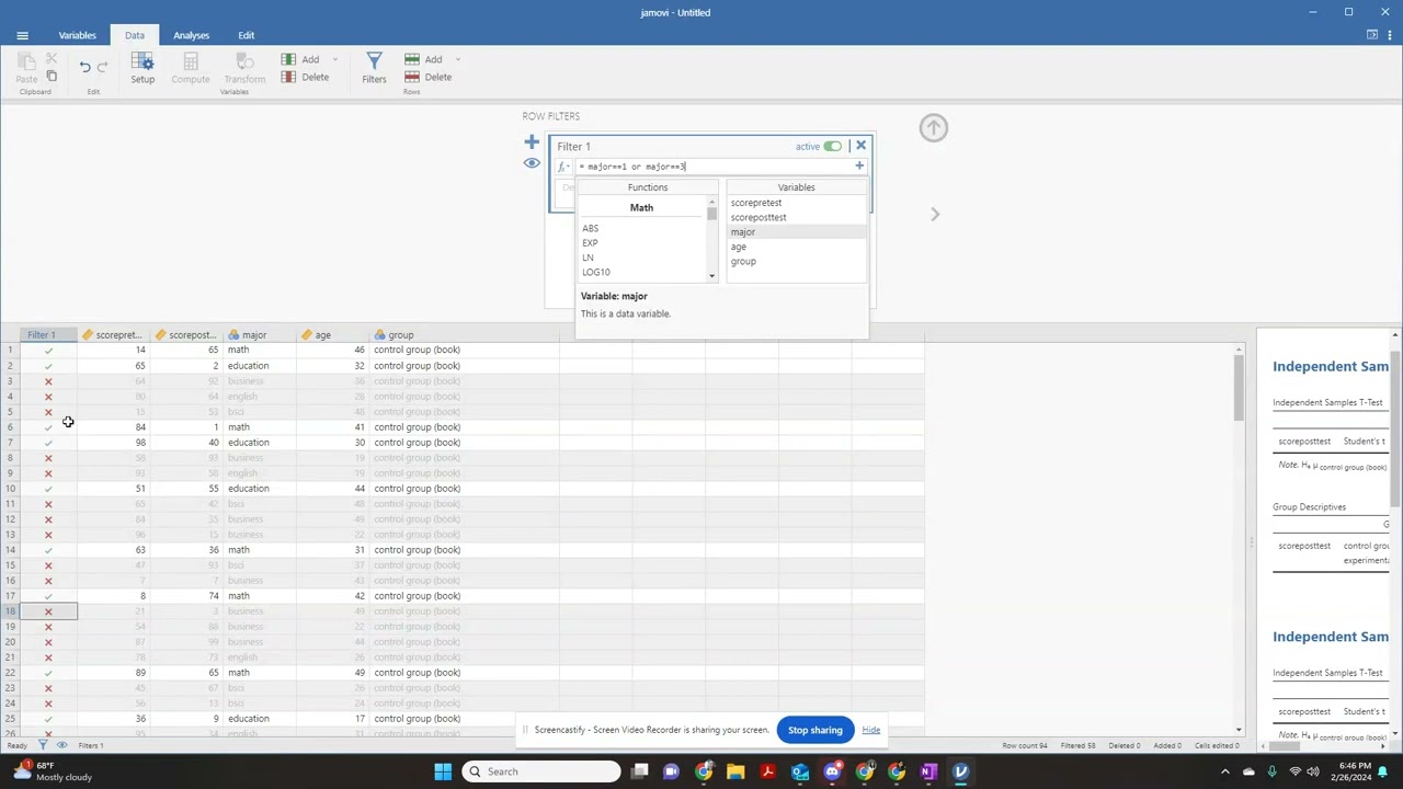 Select Cases in Jamovi (Filters)