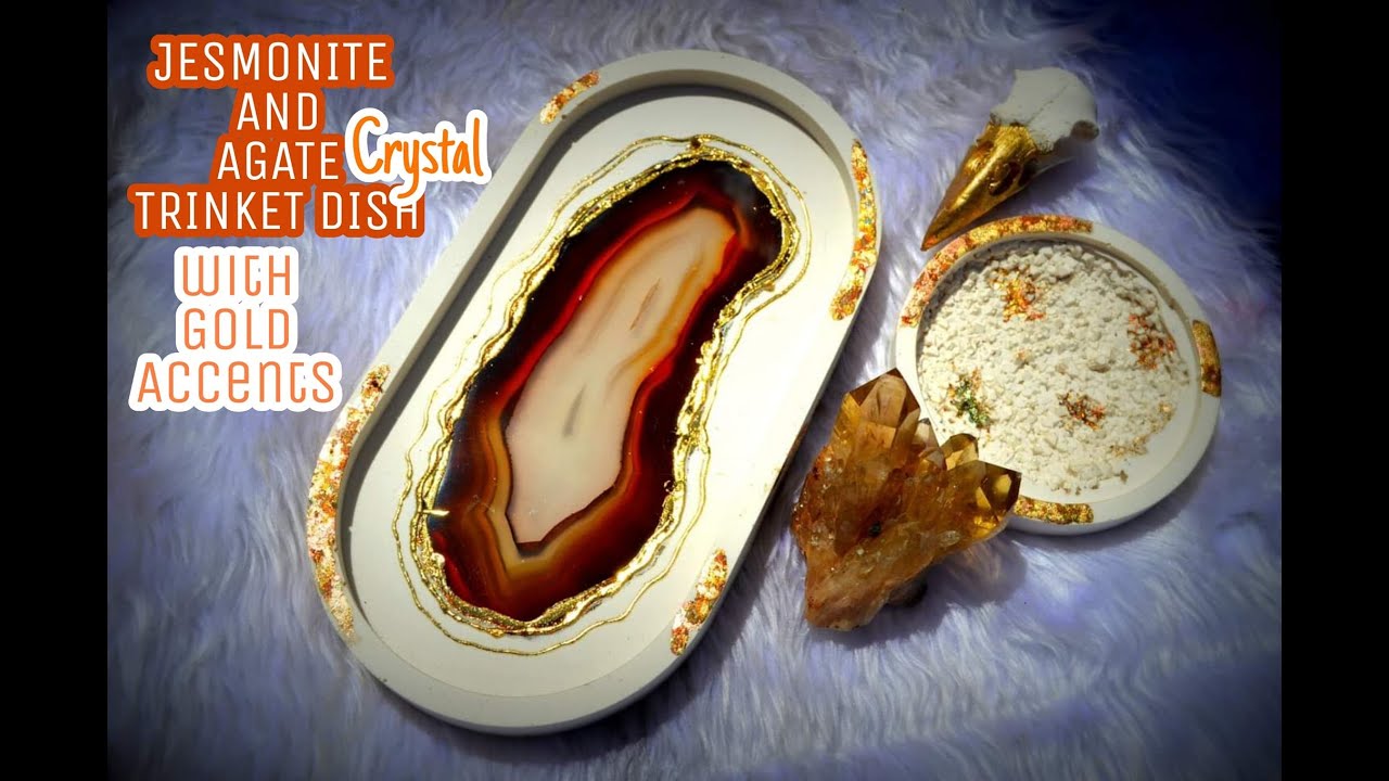 Jesmonite And Agate Crystal Dish, Gold Accents