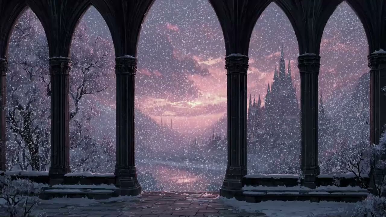 Insomnia Relief Piano ASMR with Peaceful Snowfall Viewed from a Cozy Castle Balcony