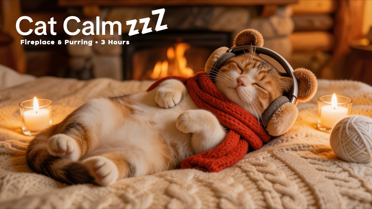 Sleepy Cat Listening to Purring Sounds by the Fireplace 3 Hours | Sleep & Stress Relief 😴🔥