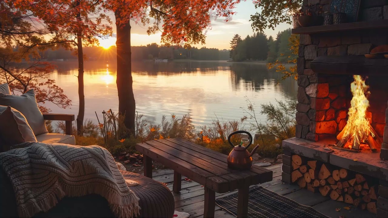 Autumn Lakeside Cabin Ambience | Cozy Fireplace & Nature Sounds for Relaxation
