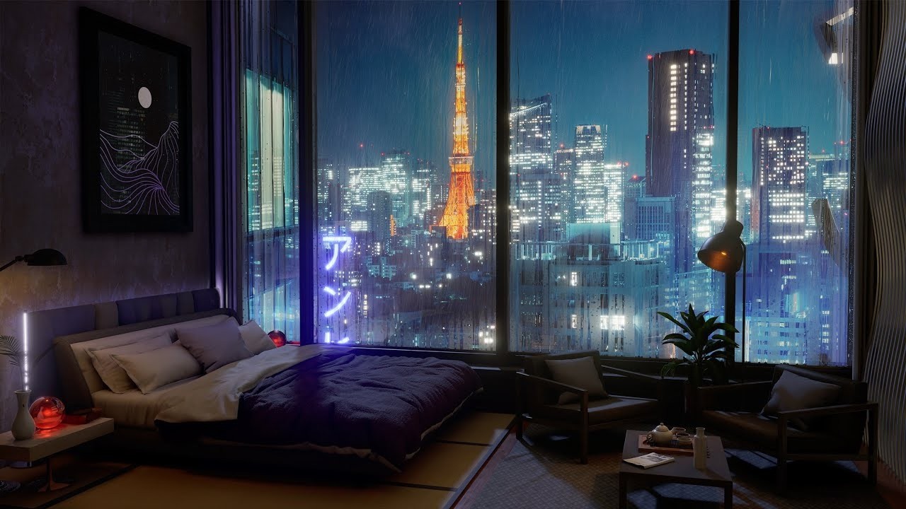 A Luxury Tokyo Hotel Room | Rain, Wind and Thunder sounds For Sleeping | 4K | 8Hrs