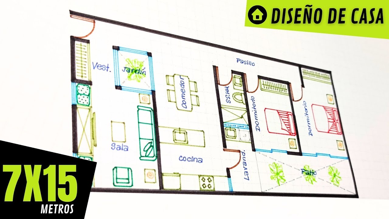 Casa de 7X15 metros con 2 dormitorios y jardín interior  | Diseño de casa en ESCALA 1:100