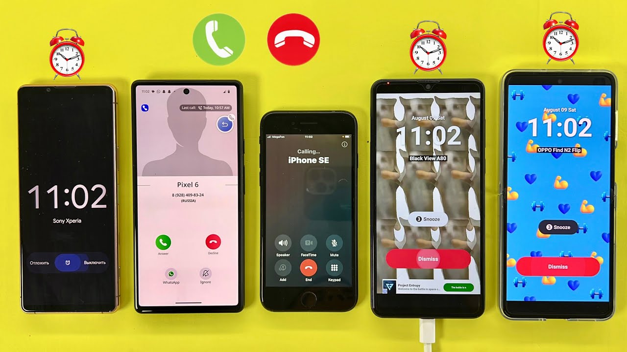 Alarm Clocks Vs Incoming + Outgoing Calls/ Sony Xperia 5iii,Google Pixel 6, iPhone SE,OPPO N2 Flip 
