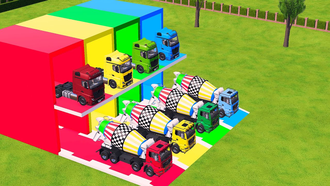 Garage with Colors  - ALL MIXER TRUCK WITH FLATBED TRAILER TRUCK, IVECO, SCANIA - FS22