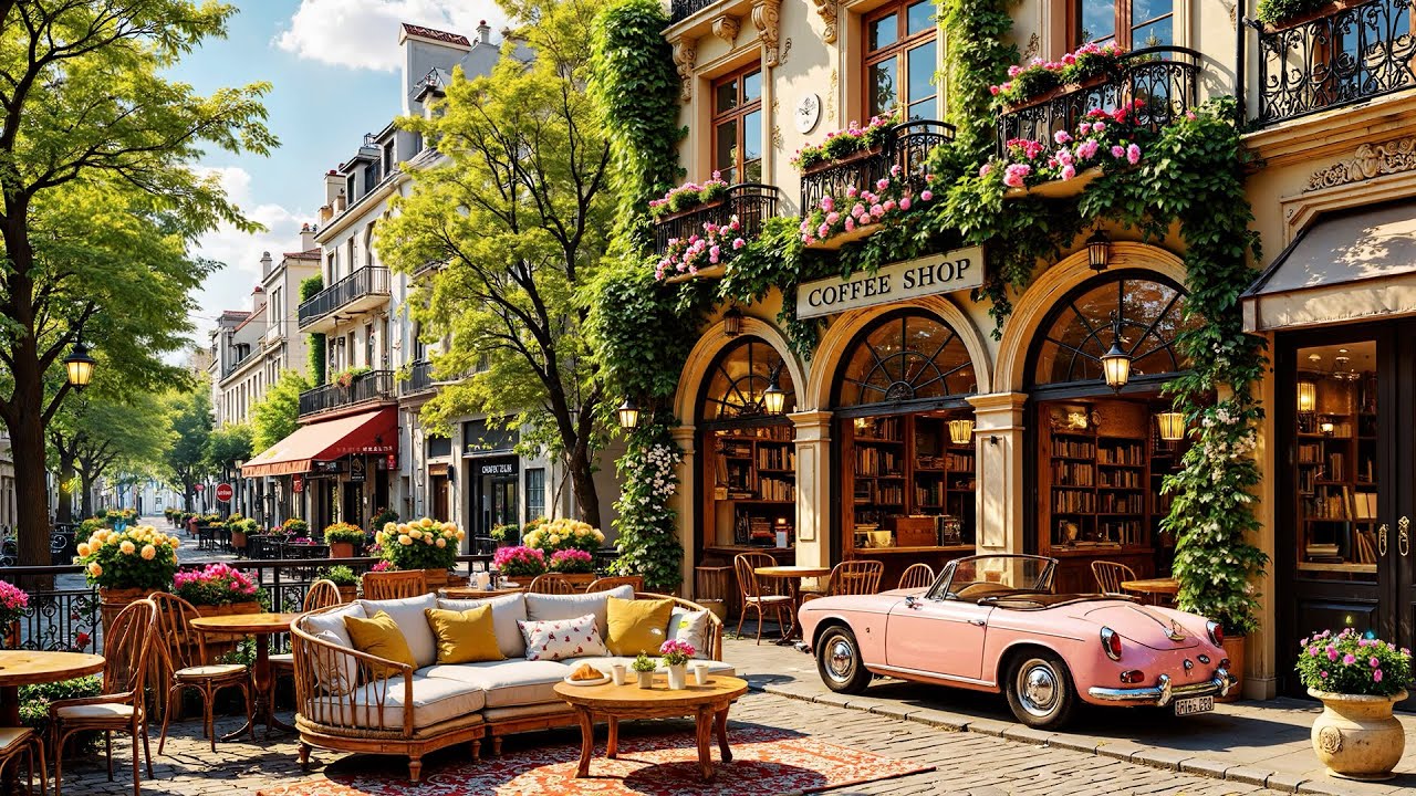 Calm Spring Jazz🌼Street Coffee Shop Corner for Study & Work ~ Smooth Jazz Music 🎧🌿