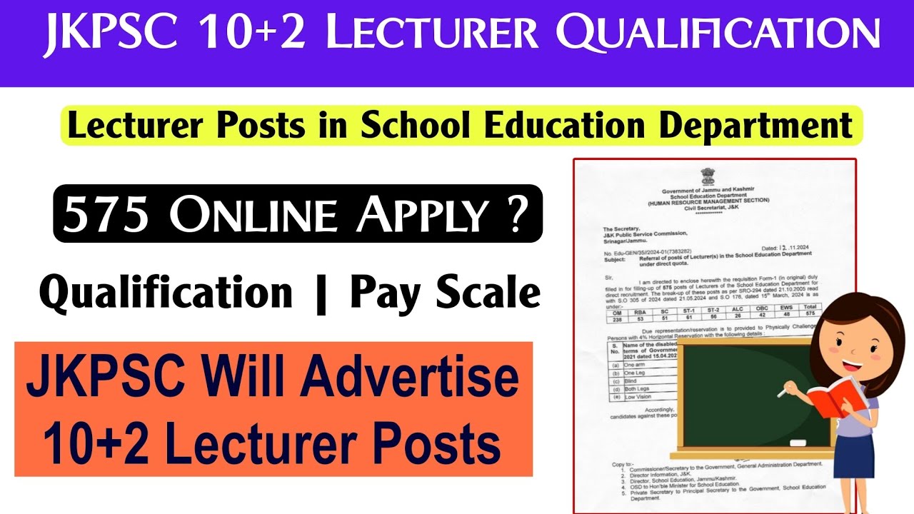 JKPSC 10+2 Lecturer Posts Qualification | J&K Teacher Jobs 2024 Official Notification | 575 Posts