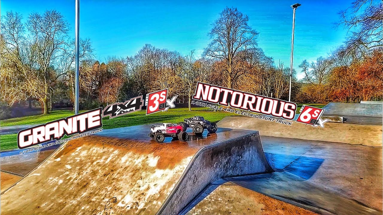 CRAZY FLIPOUT BASH  Arrma Granite 4s Notorious 6s skate park chaos DJI Drone TRIPLES QUADS BACKFLIPS