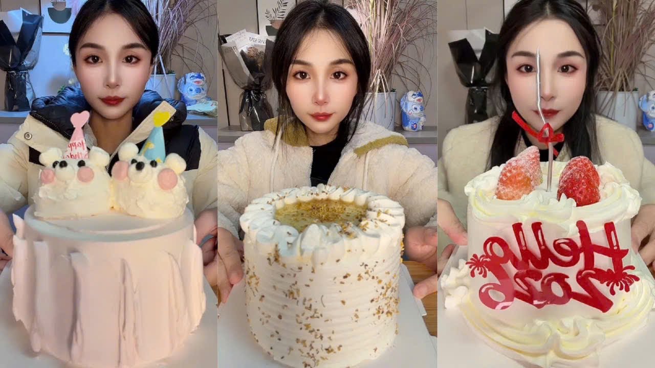 Eating Strawberry Cream Cake, Challenge Eat Desserts, Strawberry Cream Cake with Egg Yolk and Milk