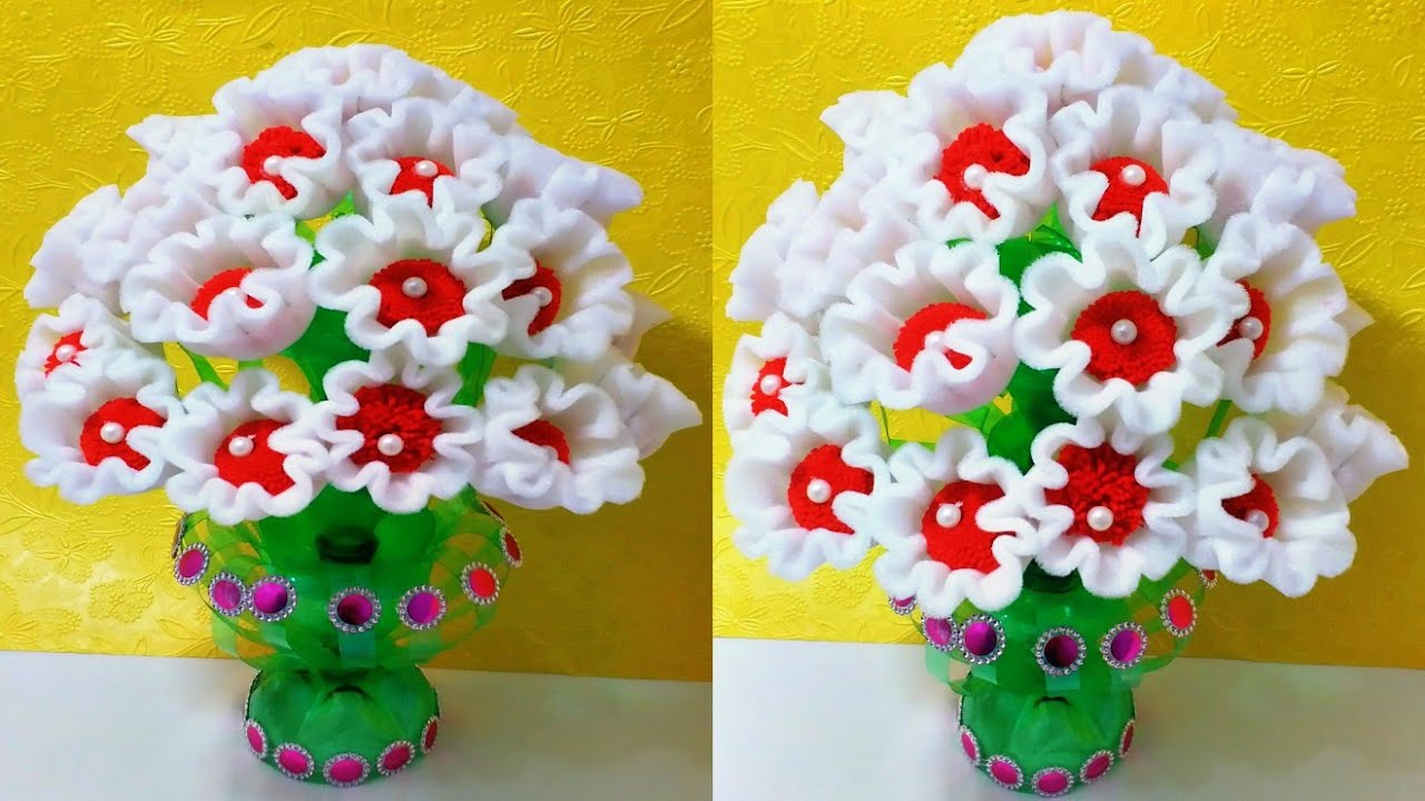 फोम से बनाये गुलदस्ता /FOAM AND BOTTLE GULDASTA/DIY MAKE BEAUTIFULL FOAM GULDASTA AND WOOL