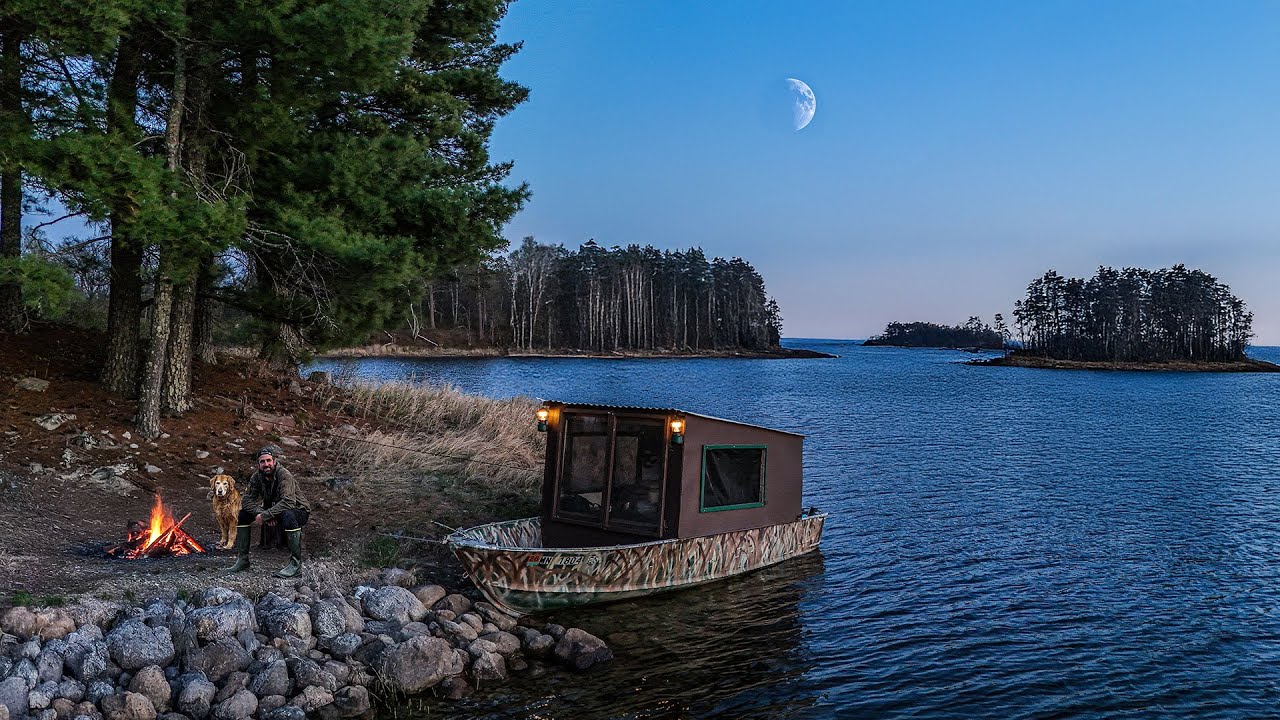 Cold Night in a BOAT CAMPER on Remote Island w/ my Dog!