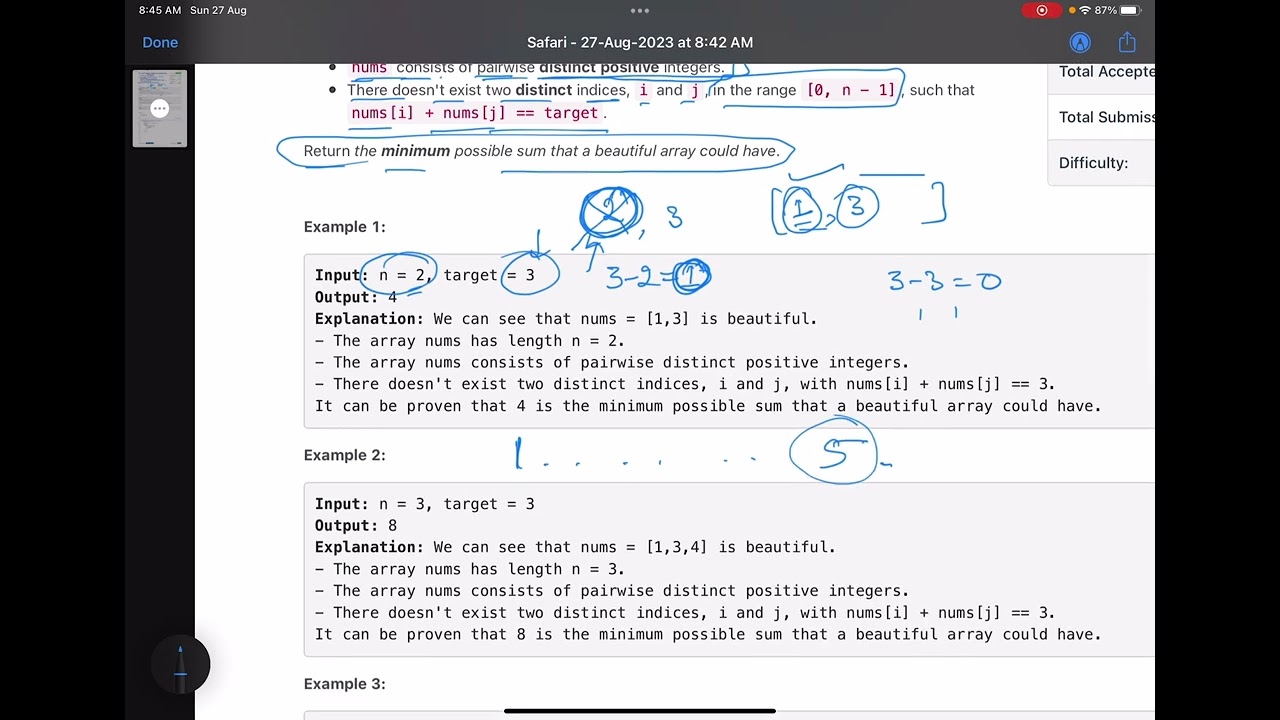 Leetcode Weekly contest 360 - Medium - Find the Minimum Possible Sum of a Beautiful Array