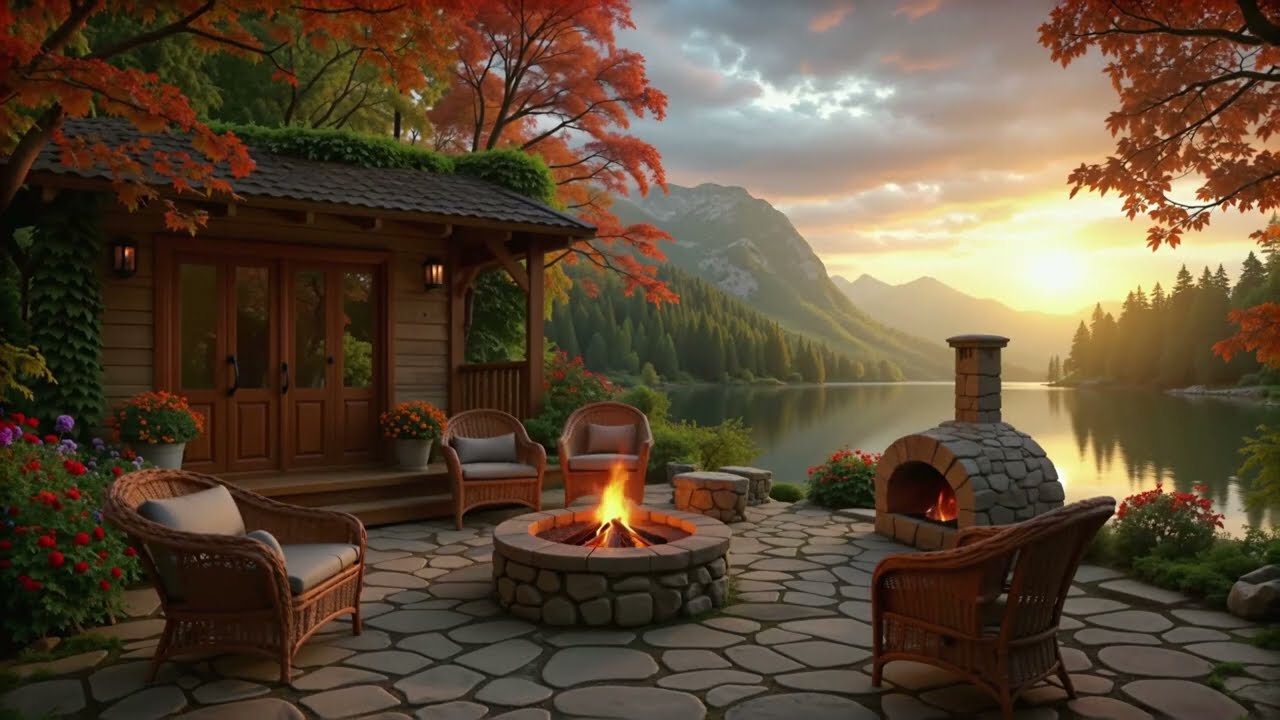 Cozy Lakeside Autumn Ambience 🍂🔥 | Relaxing Nature Sounds & Warm Fireplace (4 Hours) 4k