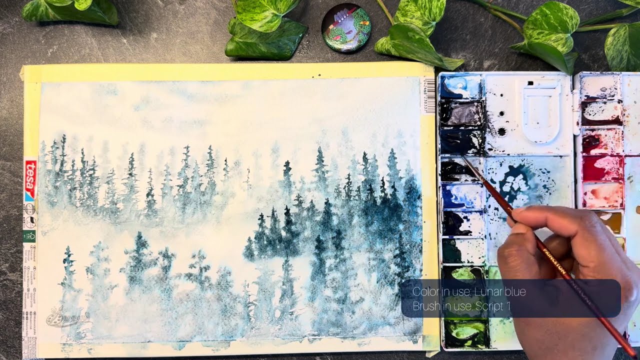 Misty Blue Forest Watercolor | Calm Pine Landscape Painting