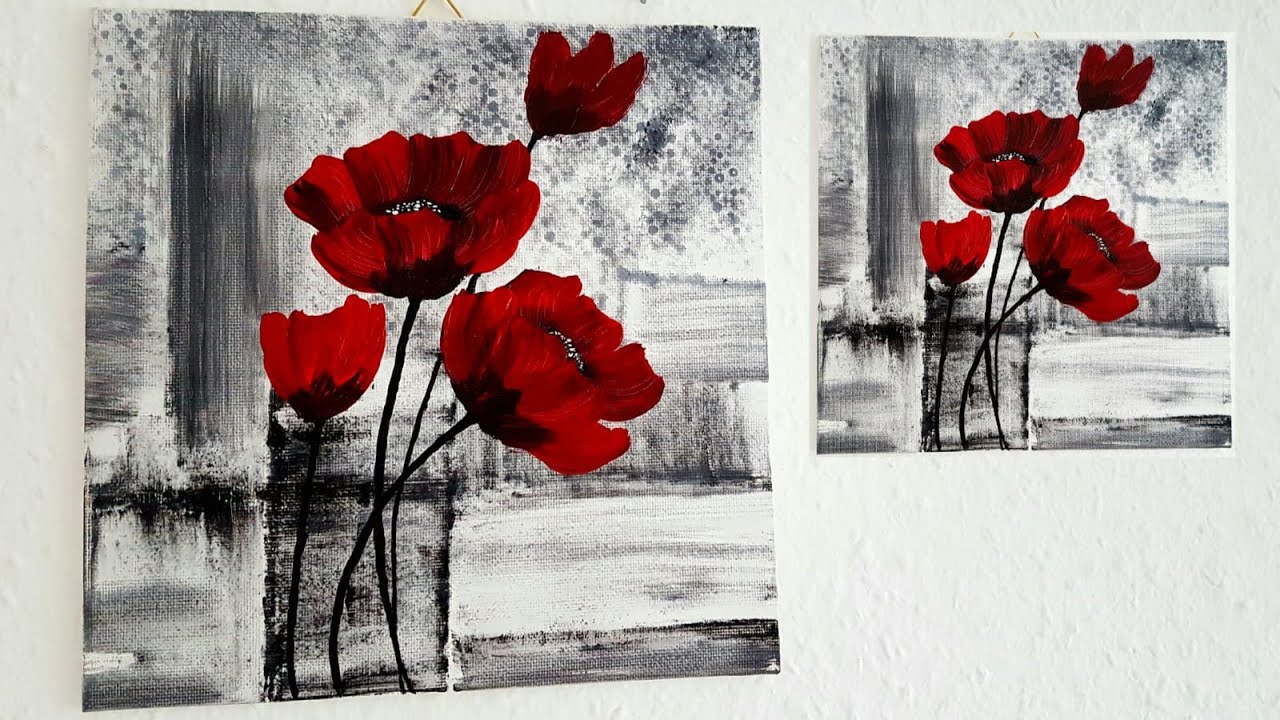 Blumen Malen Acryl Rot Schwarz Weiß für Anfänger - Flowers Acrylic Painting Red Black for Beginners