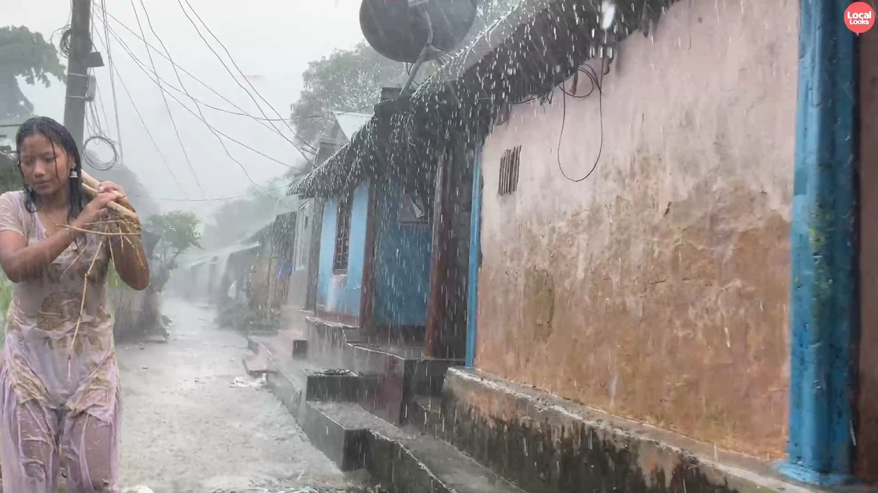 Heavy Downpour-River Flood-Village at River Bank-Heavy Rain Walk