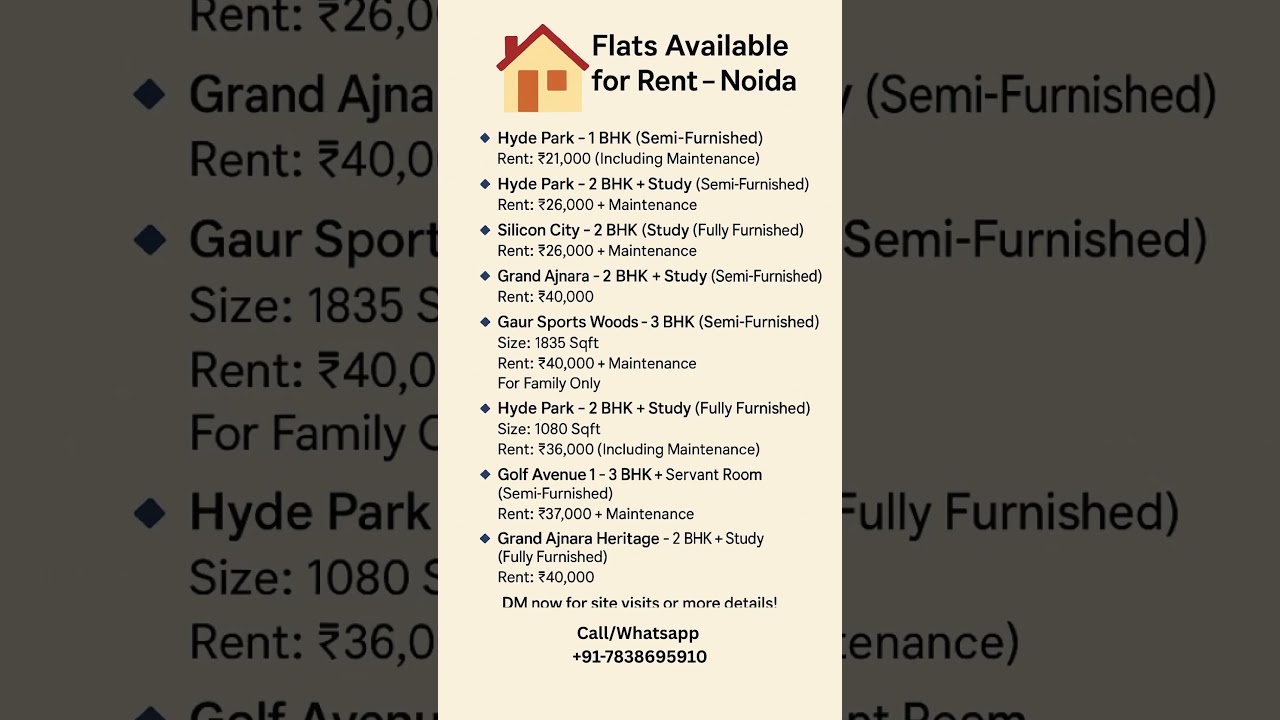 Available for Rent in Noida! 1BHK to 3BHK Flats &ndash; Hyde Park, Silicon City, Gaur Sports Woods & More!
