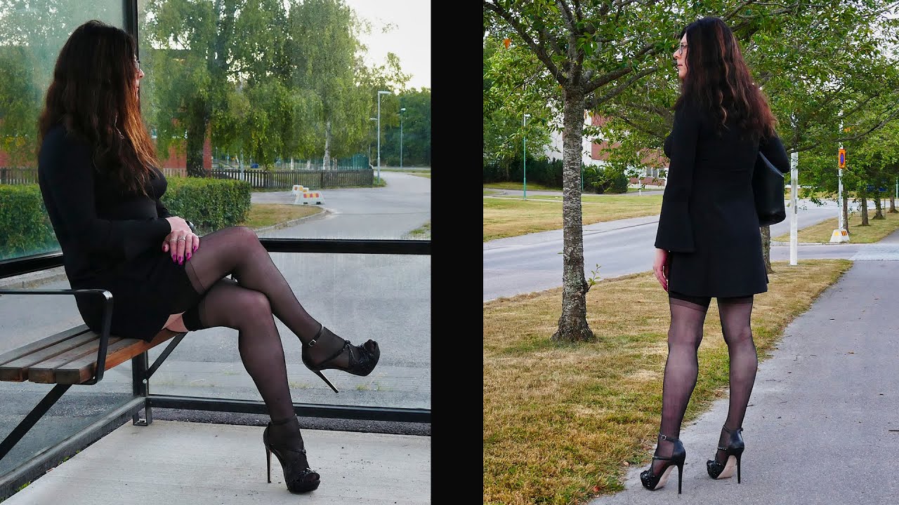 Jenny Crossdresser - Black 6 inch heels, black dress, garterbelt and black stockings