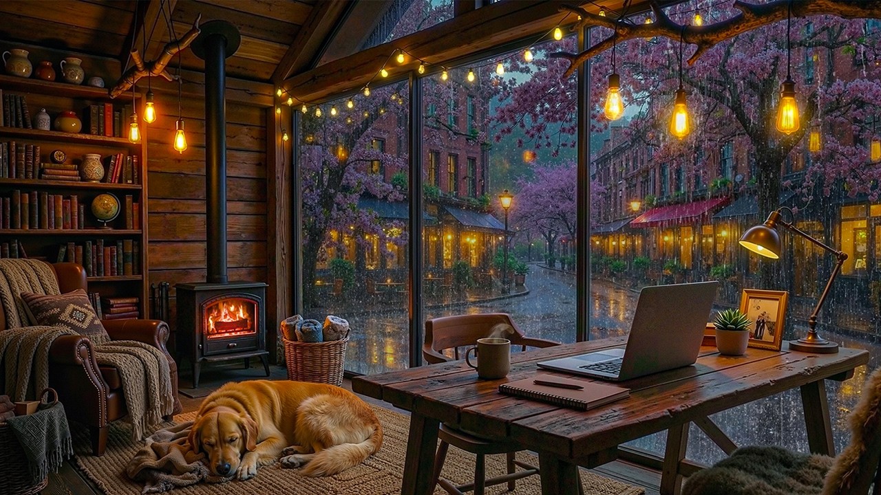 Spring Rain Cafe Jazz 🌧️ Soft Jazz Piano & Warm Fireplace Ambience for Relaxation