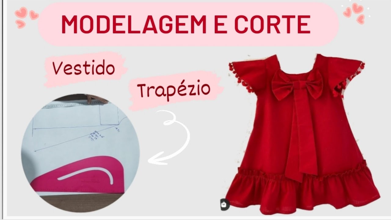 COMO FAZER MODELAGEM E CORTE VESTIDO INFANTIL TRAPÉZIO FRANZIDO BARRA LAÇO NA FRENTE #costura