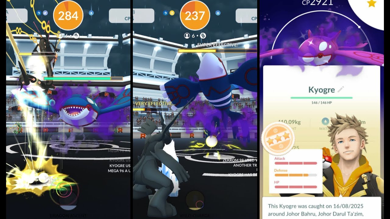 Shadow Kyogre Raid in Pokémon GO with 6 Trainers, Mega Rayquaza and Electric Zekrom Counters