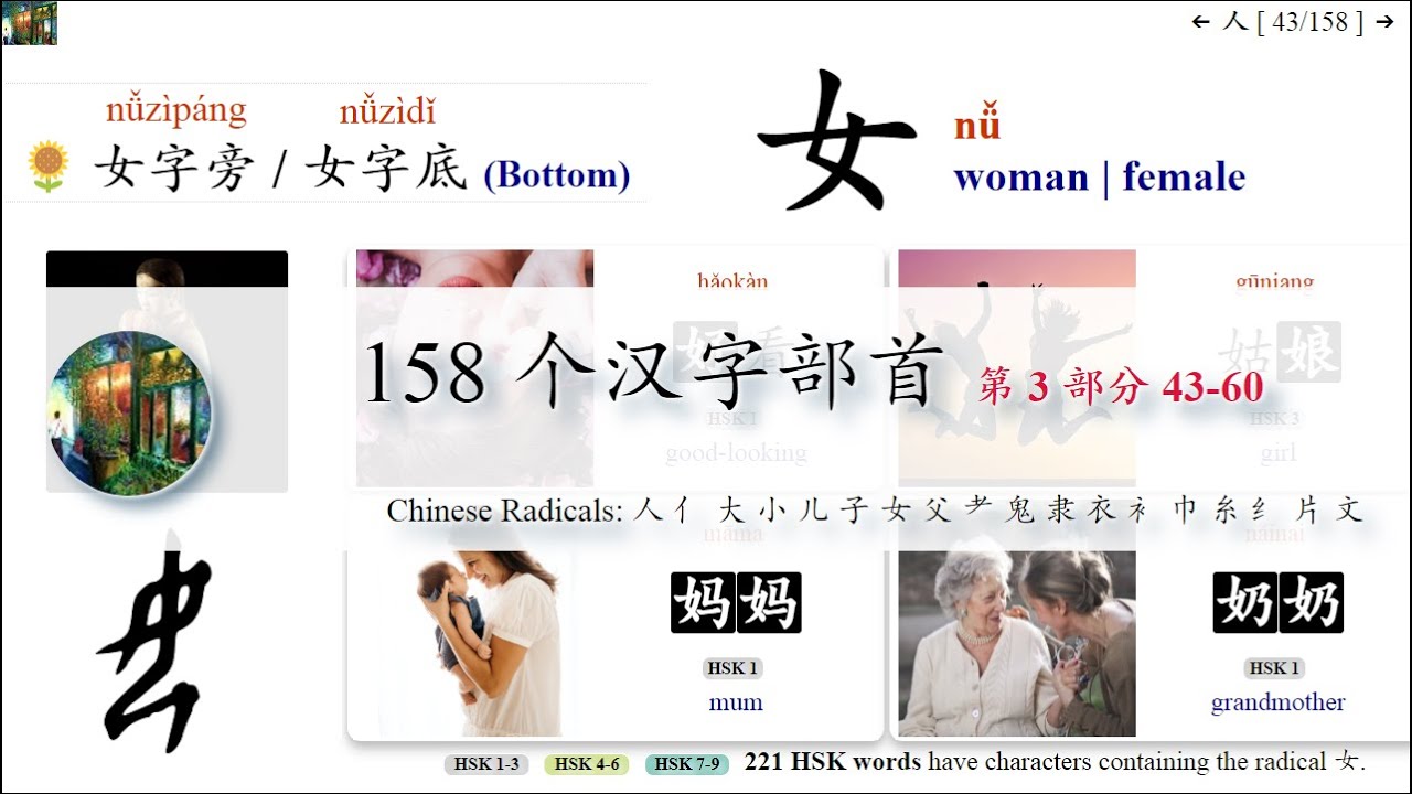 #每日中文 #常用汉字部首 【Part 3. № 43 - 60】Chinese Radicals - 人 亻 大 小 儿 子 女 父 耂 鬼 隶 衣 衤 巾 糸 纟 片 文