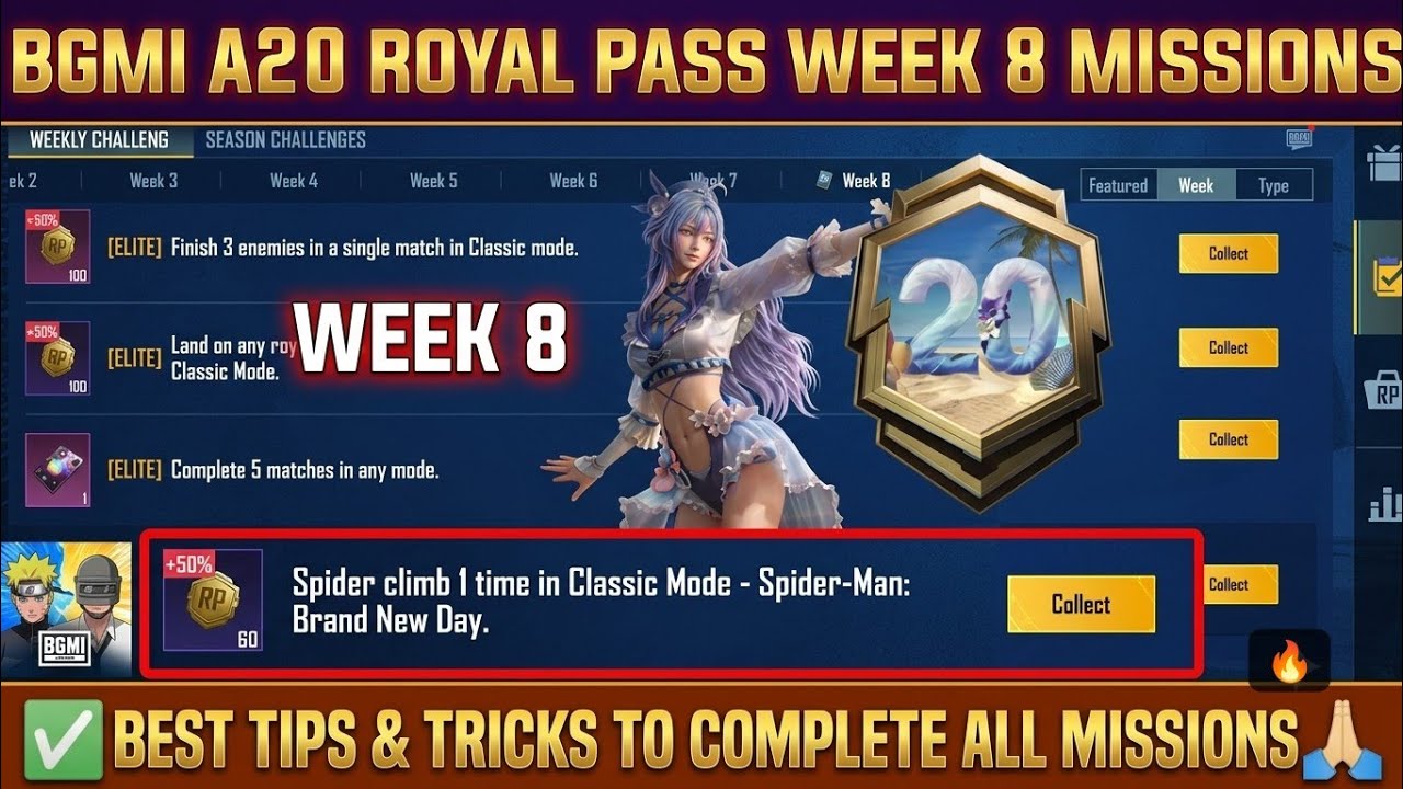 A20 RP WEEK 8 MISSIONS / BGMI WEEK 8 MISSIONS EXPLAINED / BGMI SEASON 30 ROYAL PASS WEEK 8 MISSIONS 