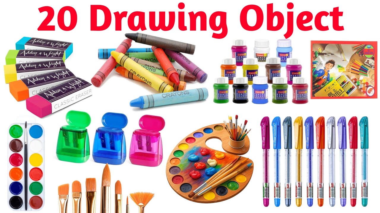 20 Drawing Objects Names 🎨 | 20 ड्रॉइंग के सामान के नाम English और Hindi में | Kids Learning Video