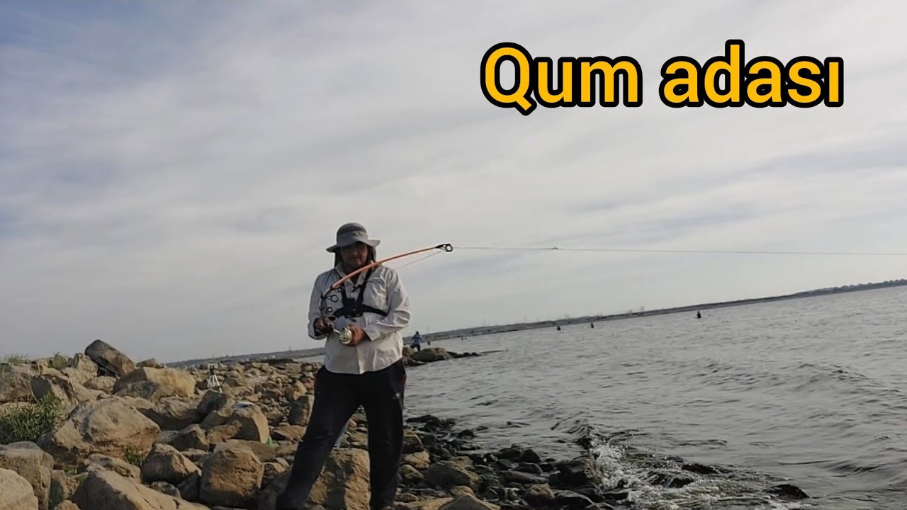 Qum adasında balıq ovu.Balıq vuruşları.