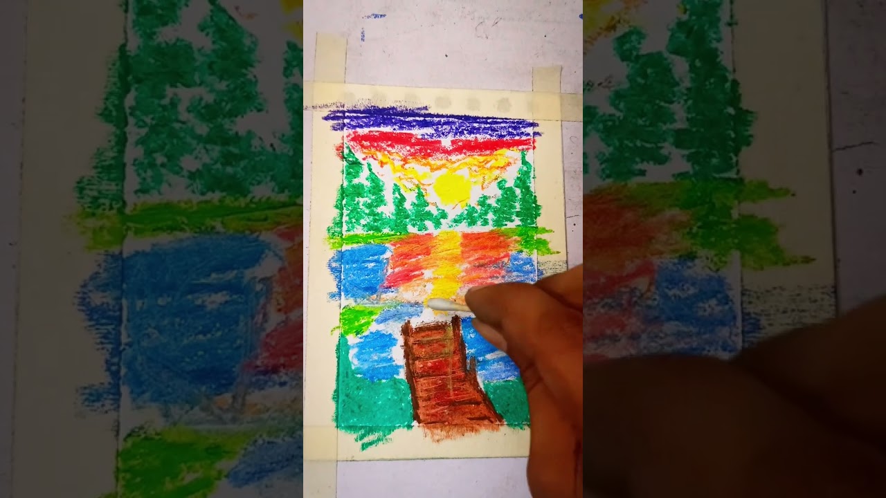 #vibrant #lakeside  #sunset  with dock #oilpastel  sweet memories 