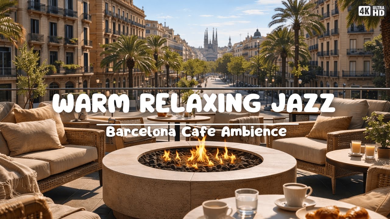 Relaxing Daytime Jazz in Barcelona ☕🔥 Luxury Café Firepit Ambience for Focus & Calm