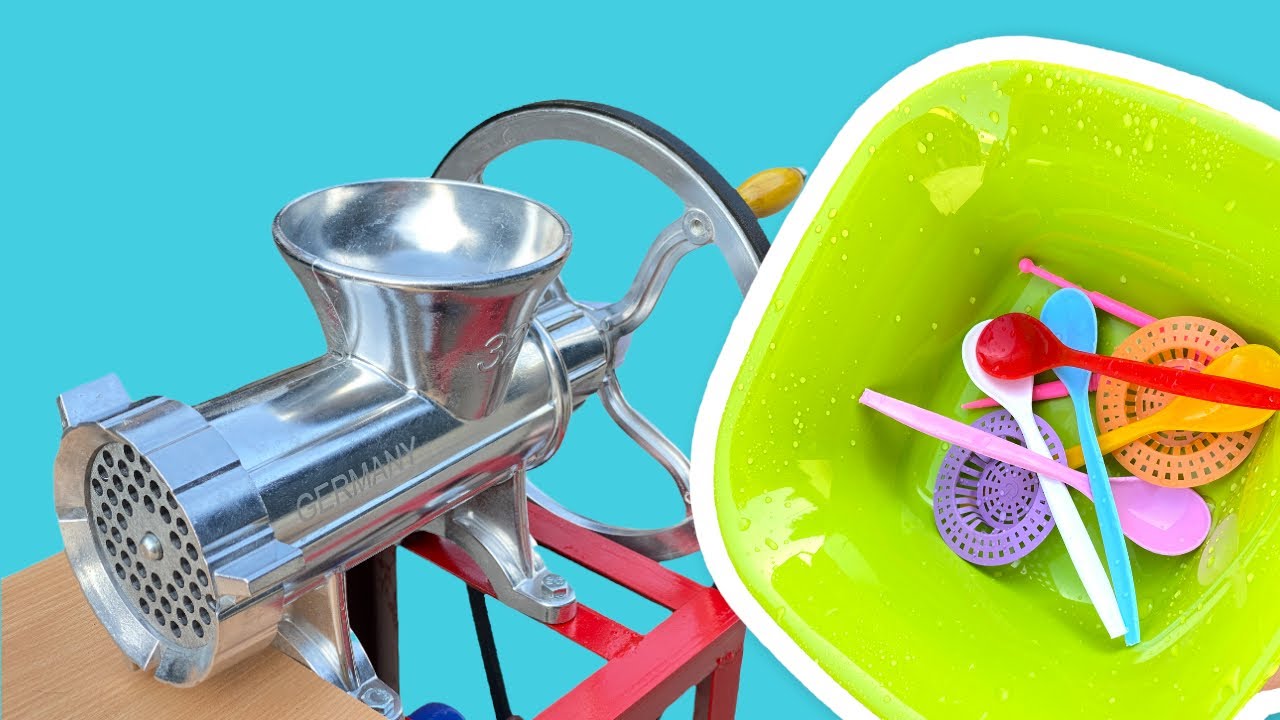 Crushing Crunchy Rainbow Plastic Things by Meat Grinder ! - ASMR Experiment - Cool Effect !