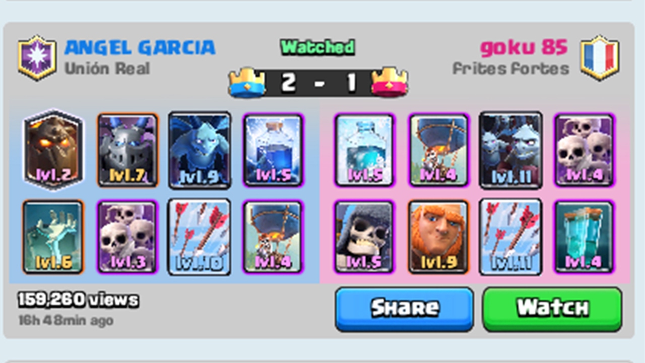 Clash Royale | ANGEL GARCIA vs goku 85 | Union Real - Frites Forbes | 1# 16/2/17 Legendary Arena
